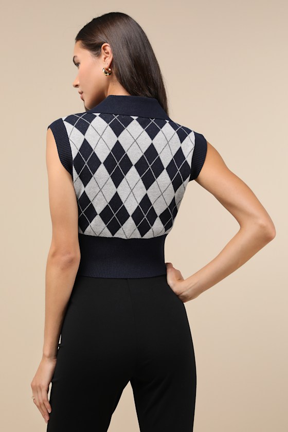 LULUS SKILLFUL POISE NAVY AND GREY ARGYLE COLLARED SWEATER VEST