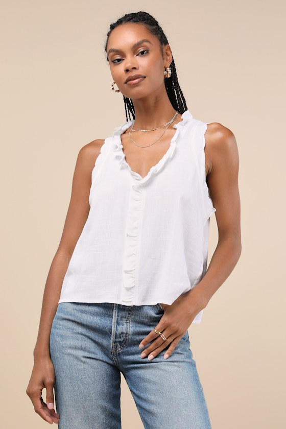 LULUS CASUAL STYLE WHITE RUFFLED SLEEVELESS BUTTON-UP TANK TOP