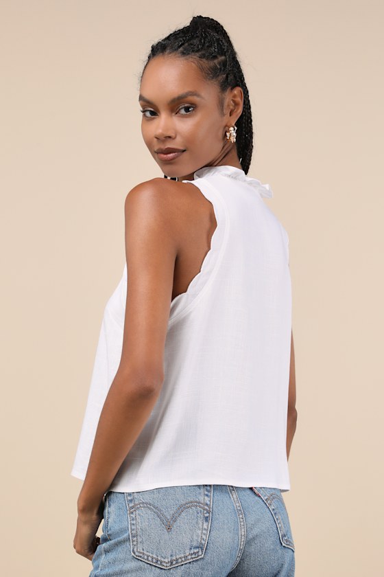 LULUS CASUAL STYLE WHITE RUFFLED SLEEVELESS BUTTON-UP TANK TOP