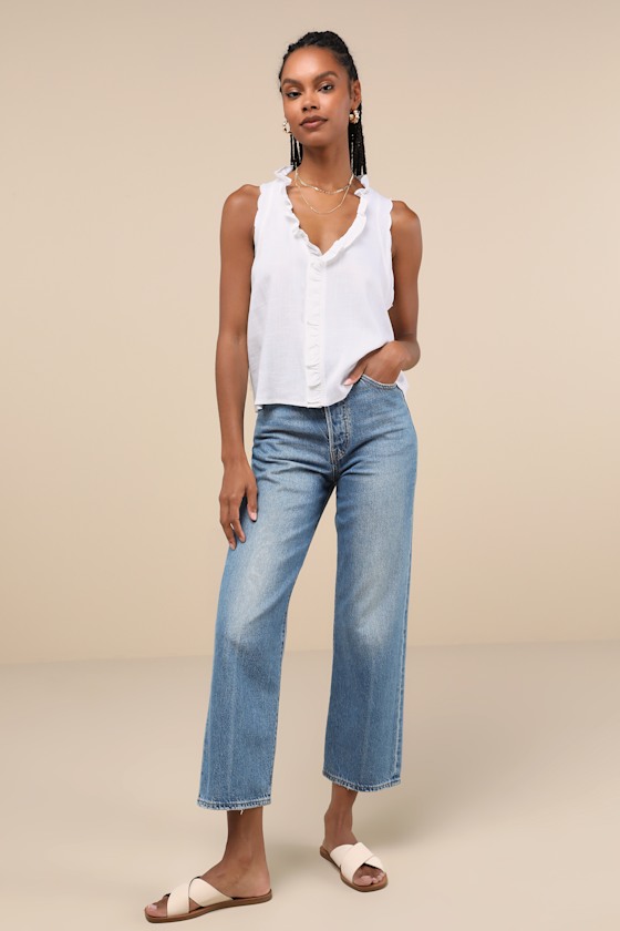 LULUS CASUAL STYLE WHITE RUFFLED SLEEVELESS BUTTON-UP TANK TOP