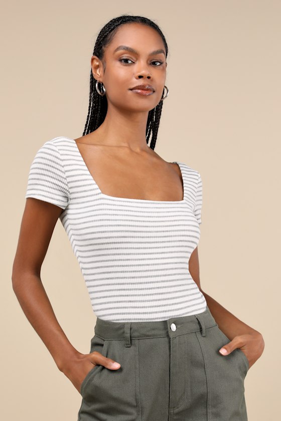 Lulus Casual Adventures Ivory Striped Ribbed Short Sleeve Bodysuit In Ivory