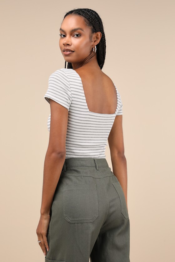 Lulus Casual Adventures Ivory Striped Ribbed Short Sleeve Bodysuit In Ivory