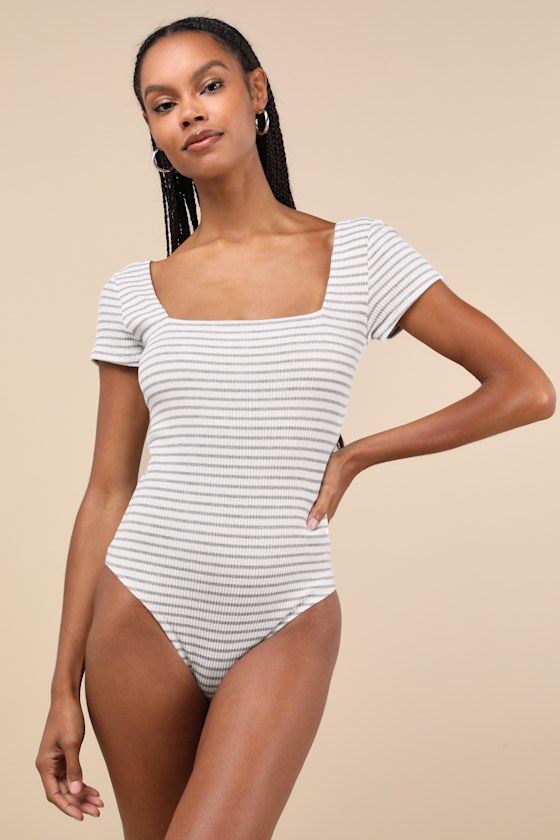 Lulus Casual Adventures Ivory Striped Ribbed Short Sleeve Bodysuit In Ivory