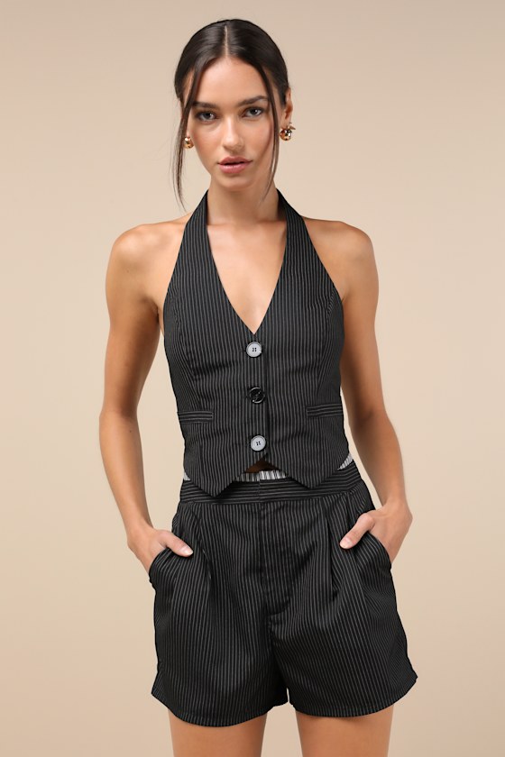 Lulus Exceeding Poise Black Pinstriped Halter Vest In Black