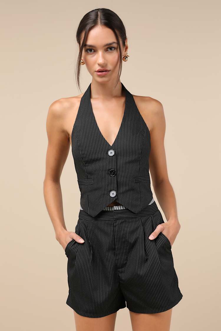 halter waistcoat dress Pinstripe Nasty Gal Pinstripe Waistcoat Dress – Tailored Mini With Pockets, Modern Workwear Twist Boohoo