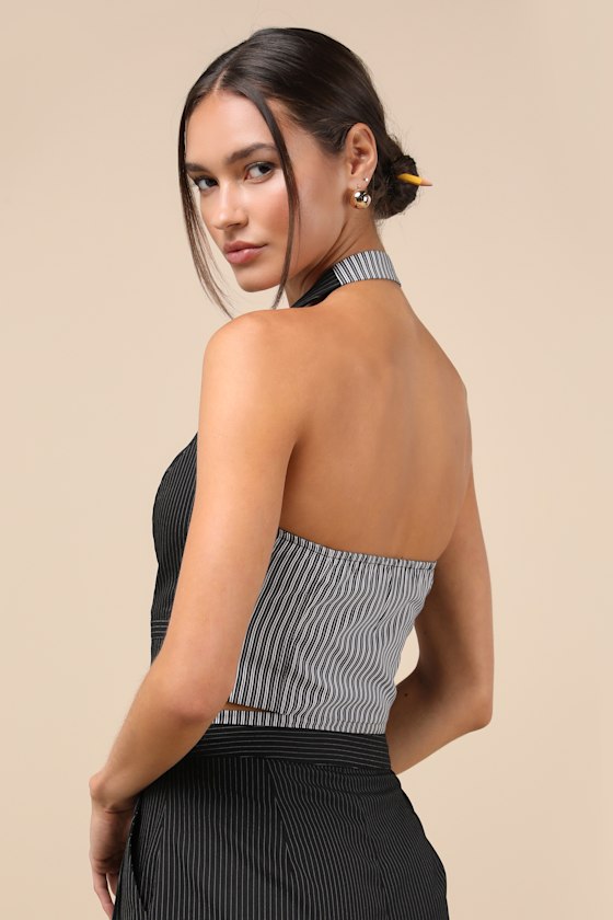 Lulus Exceeding Poise Black Pinstriped Halter Vest In Black