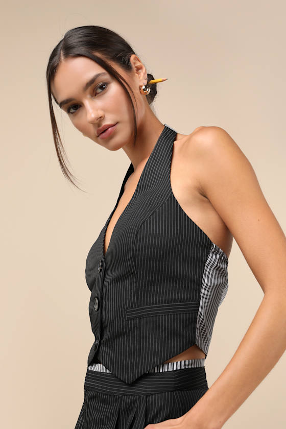 Lulus Exceeding Poise Black Pinstriped Halter Vest In Black