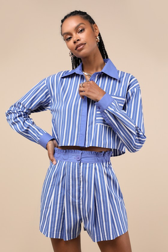 Lulus Playful Babe Blue And White Striped Ruffled Shorts In Blue And White