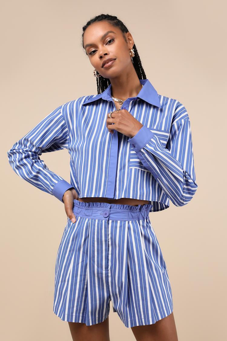 Playful Babe Blue and White Striped Ruffled Shorts