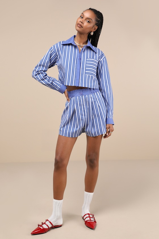 Lulus Playful Babe Blue And White Striped Ruffled Shorts In Blue And White