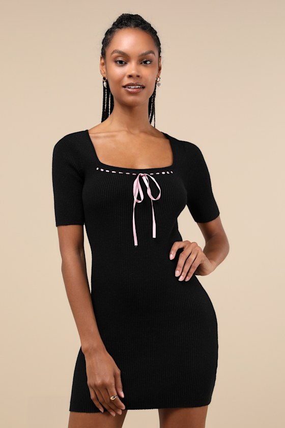 Lulus Adorable Motivation Black Ribbed Ribbon Sweater Mini Dress In Black