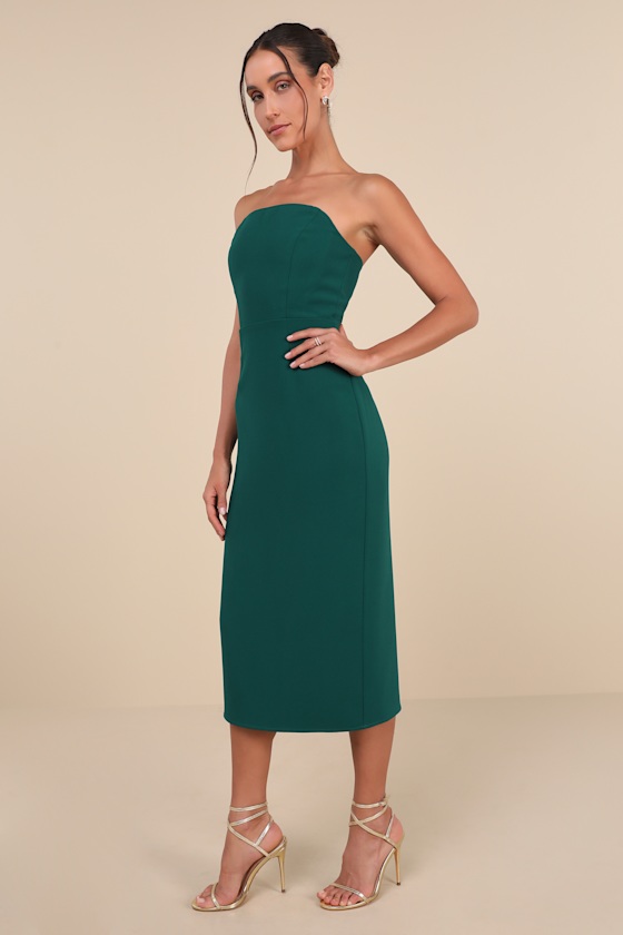 LULUS VIP INSTINCT EMERALD GREEN STRAPLESS MIDI DRESS