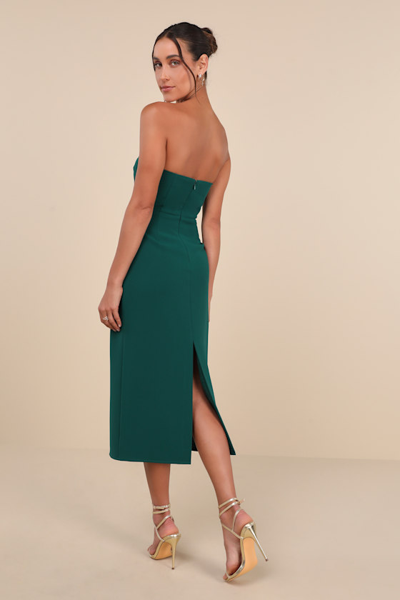 LULUS VIP INSTINCT EMERALD GREEN STRAPLESS MIDI DRESS