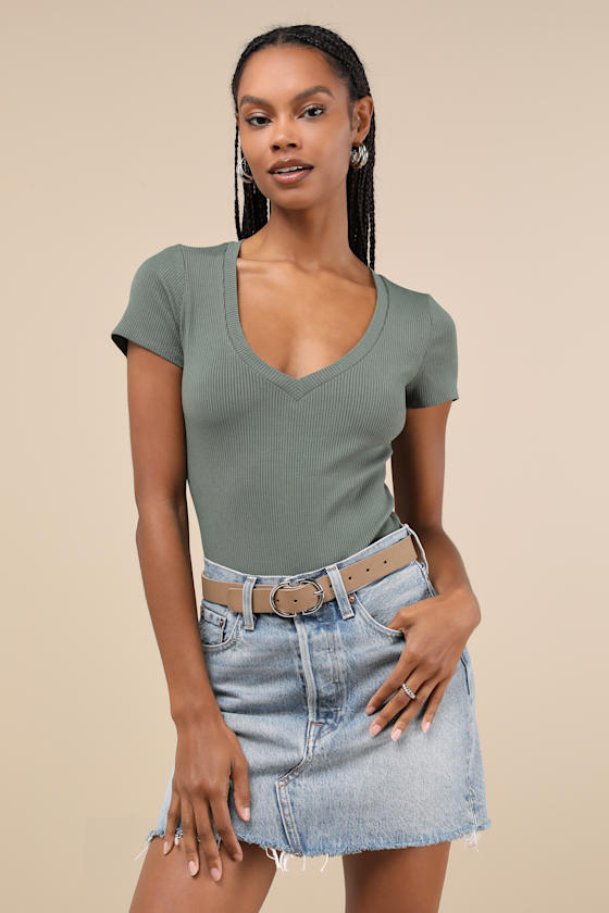 Olive Green Ribbed Bodysuit - Short Sleeve Bodysuit - Green