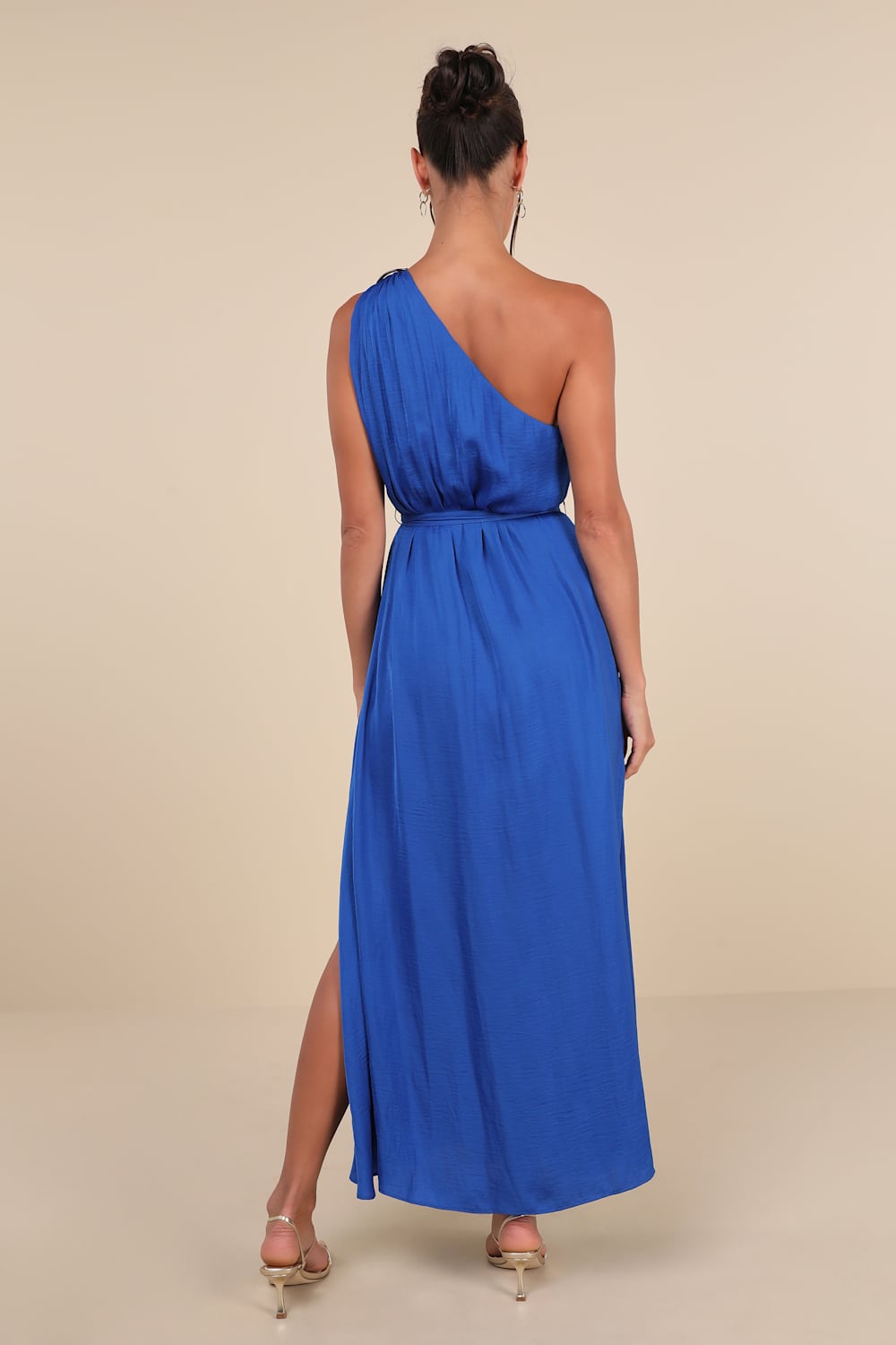 Goddess Aura Cobalt Blue Satin One-Shoulder Maxi Dress