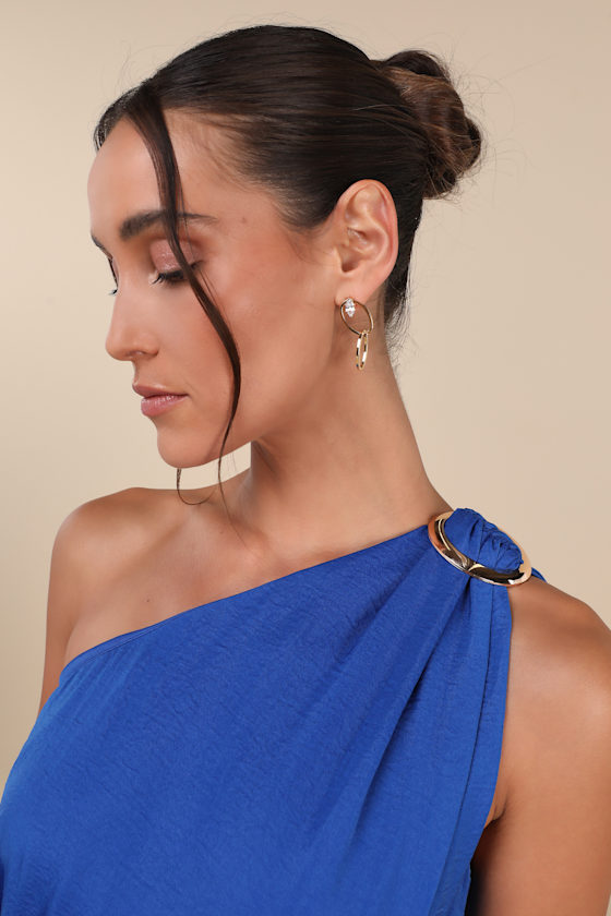 Lulus Goddess Aura Cobalt Blue Satin One-shoulder Maxi Dress In Cobalt Blue