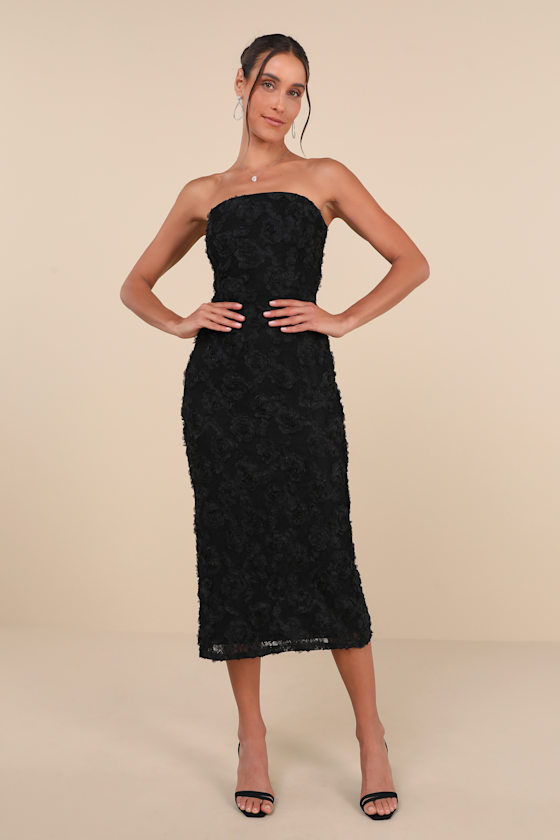 Lulus Flawless Perfection Black Floral Applique Strapless Midi Dress In Black