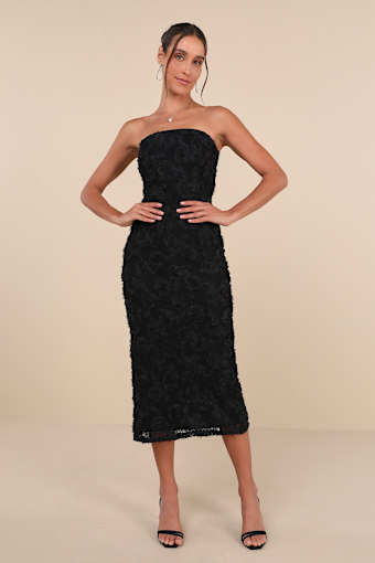 Flawless Perfection Black Floral Applique Strapless Midi Dress 5