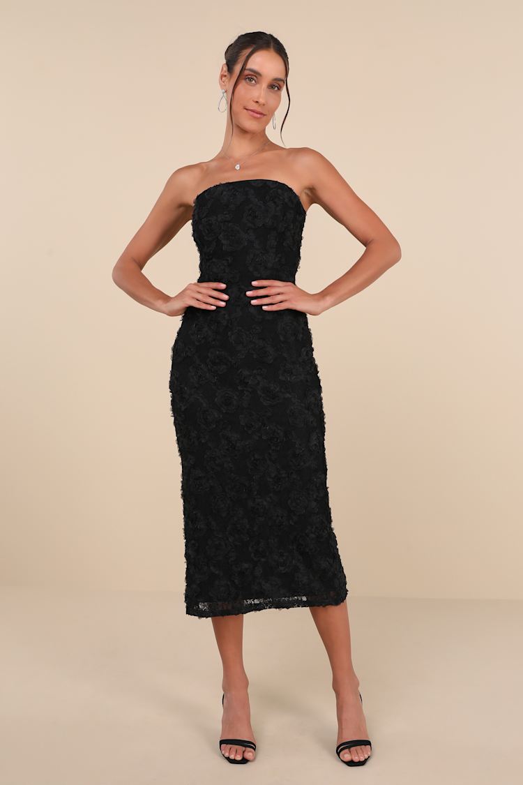 Black 3D Floral Dress - 3D Applique Dress - Strapless Midi Dress - Lulus Black 3D Floral Dress - 3D Applique Dress - Strapless Midi Dress - Lulus