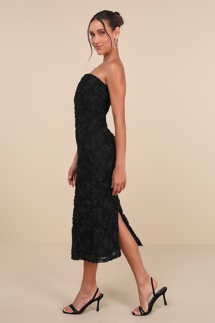 Flawless Perfection Black Floral Applique Strapless Midi Dress