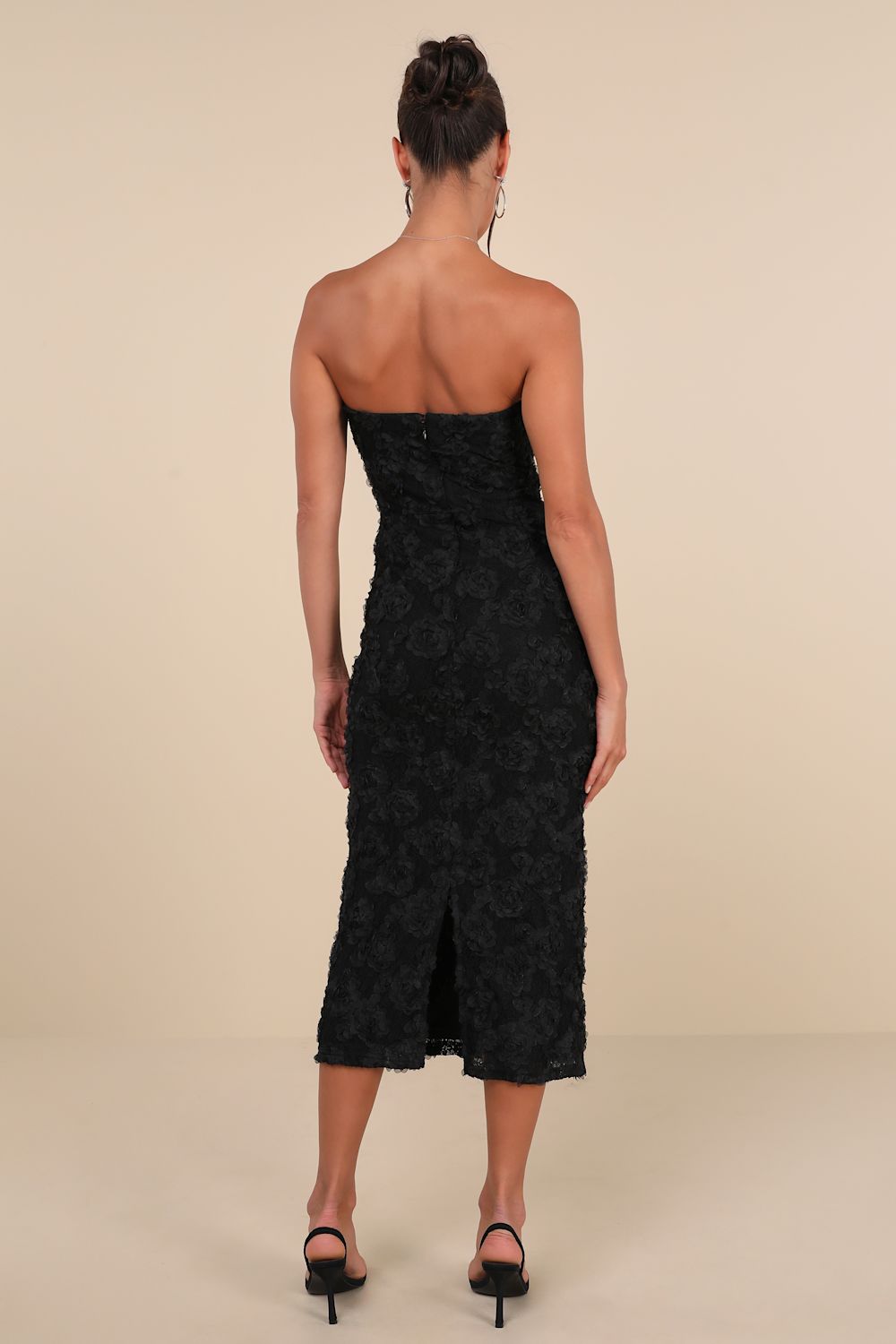 Flawless Perfection Black Floral Applique Strapless Midi Dress
