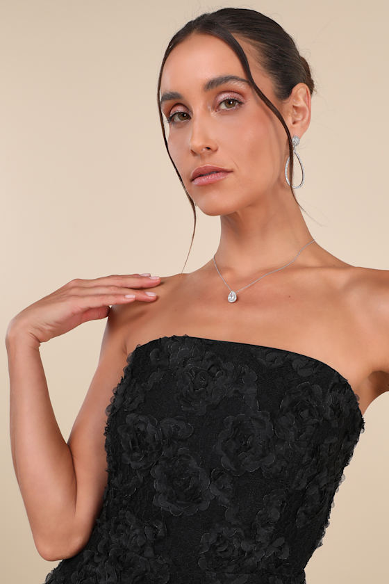 Lulus Flawless Perfection Black Floral Applique Strapless Midi Dress In Black
