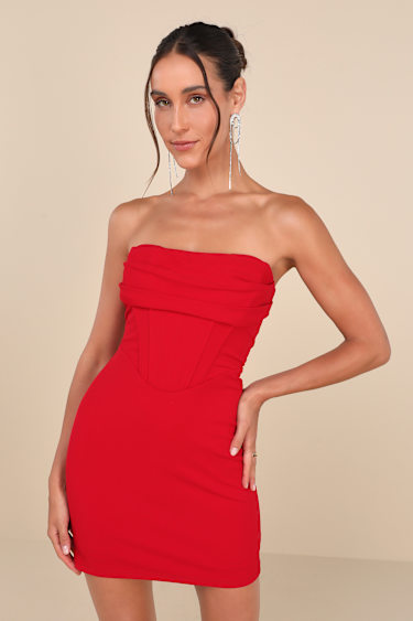 Dramatic Intent Red Strapless Corset Bodycon Mini Dress