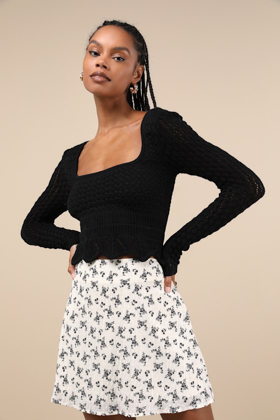 Lucky Brand Women's Crochet Square Neck Cotton Knit Top Black Size Small