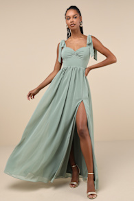 Radiant Charisma Sage Brush Chiffon Ruched Tie-Strap Maxi Dress 3