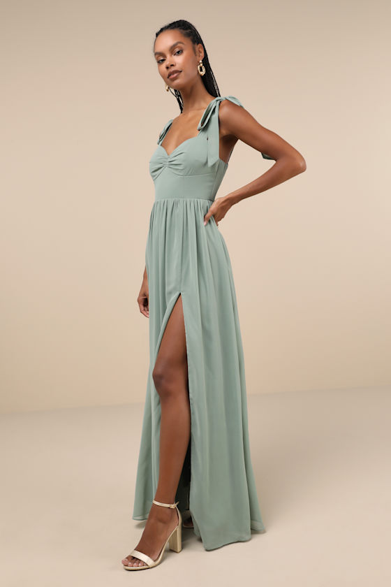 Shop Lulus Radiant Charisma Sage Brush Chiffon Ruched Tie-strap Maxi Dress In Green