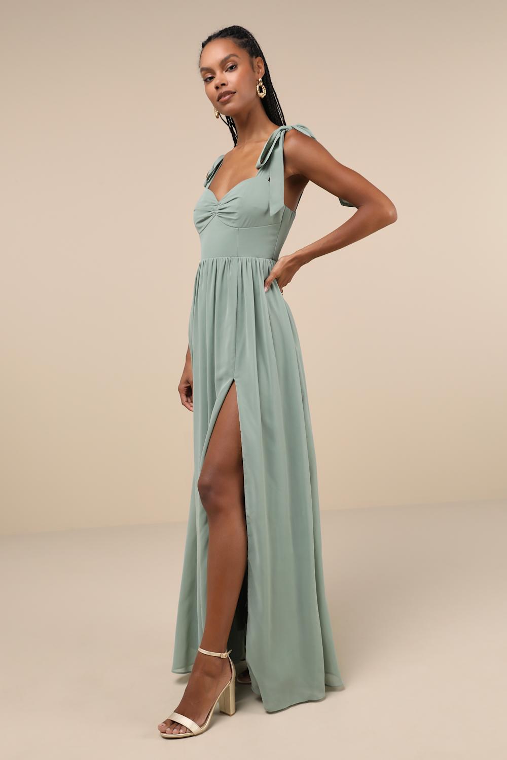 Radiant Charisma Sage Brush Chiffon Ruched Tie-Strap Maxi Dress