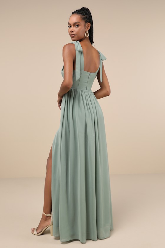 Shop Lulus Radiant Charisma Sage Brush Chiffon Ruched Tie-strap Maxi Dress In Green