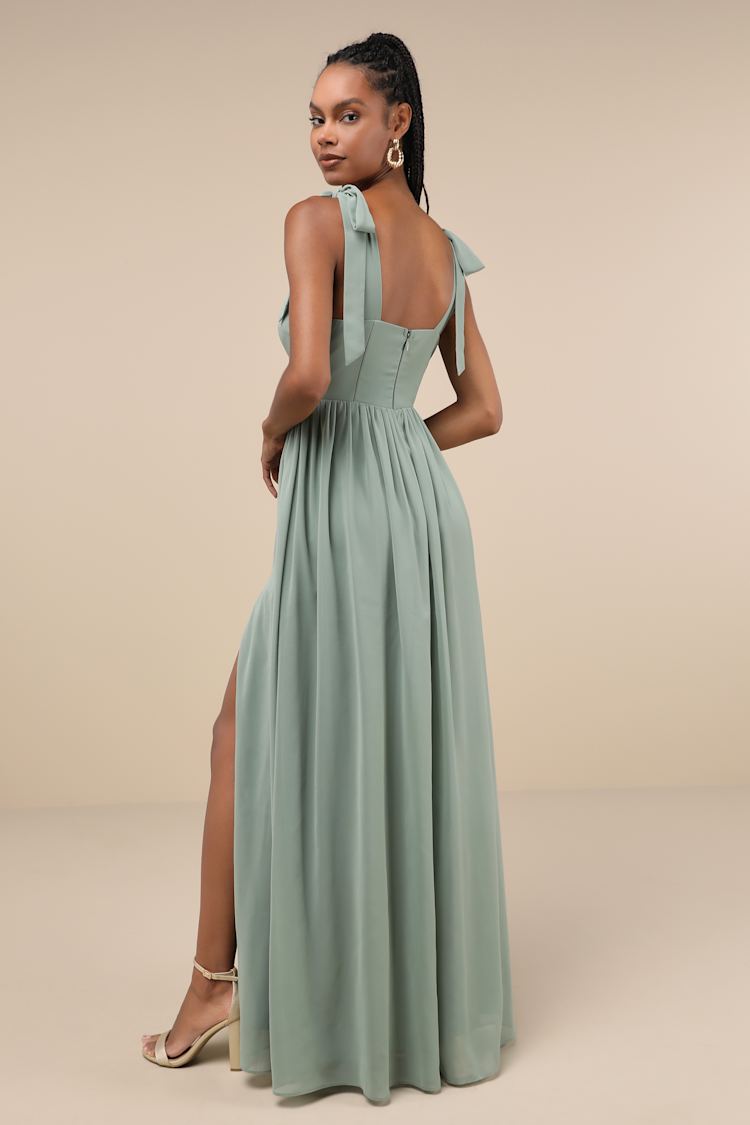 Radiant Charisma Sage Brush Chiffon Ruched Tie-Strap Maxi Dress
