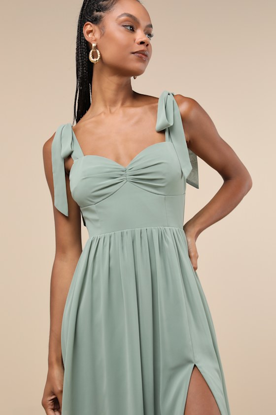 Shop Lulus Radiant Charisma Sage Brush Chiffon Ruched Tie-strap Maxi Dress In Green