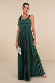 Gorgeous Purpose Emerald Satin Pleated Sleeveless Bow Maxi Dress 3