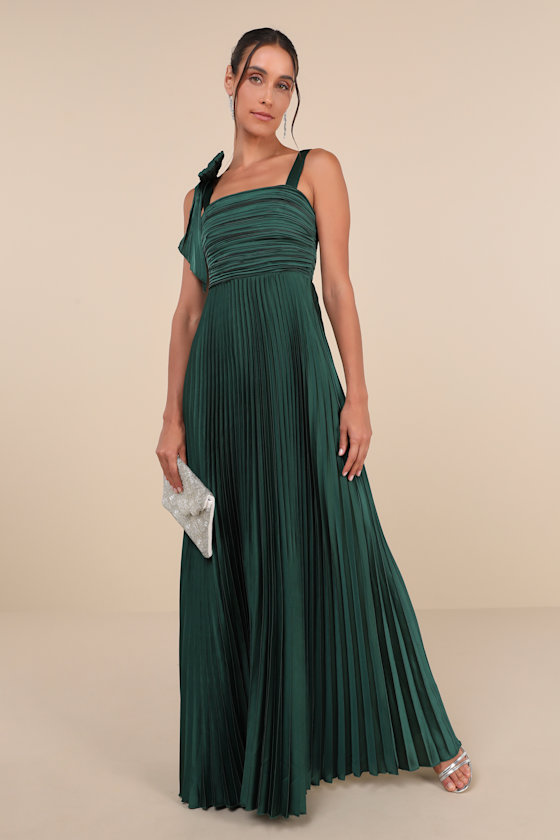 Gorgeous Purpose Emerald Satin Pleated Sleeveless Bow Maxi Dress 3