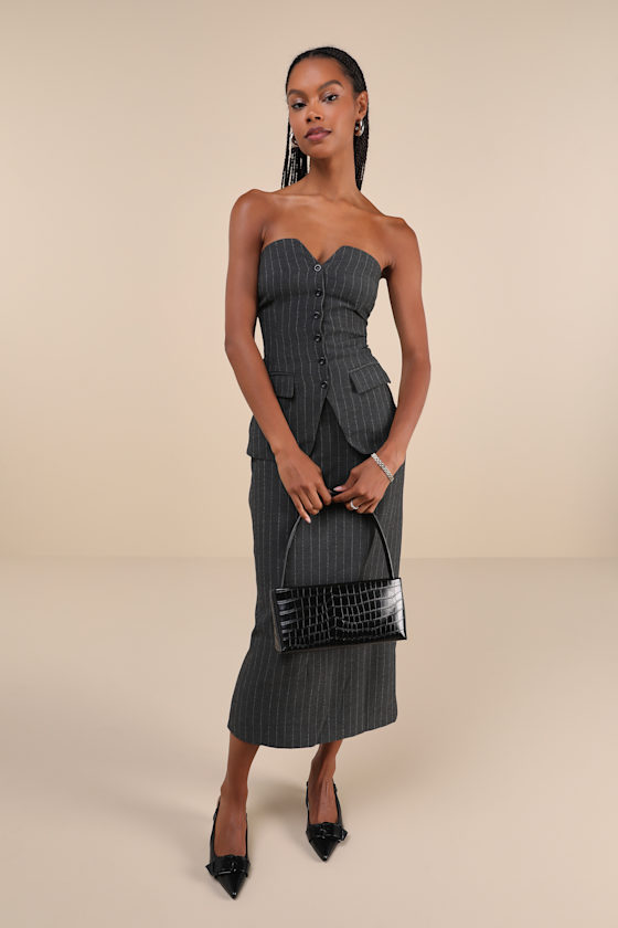 Composed Style Grey Pinstriped Strapless Vest Midi Dress 3