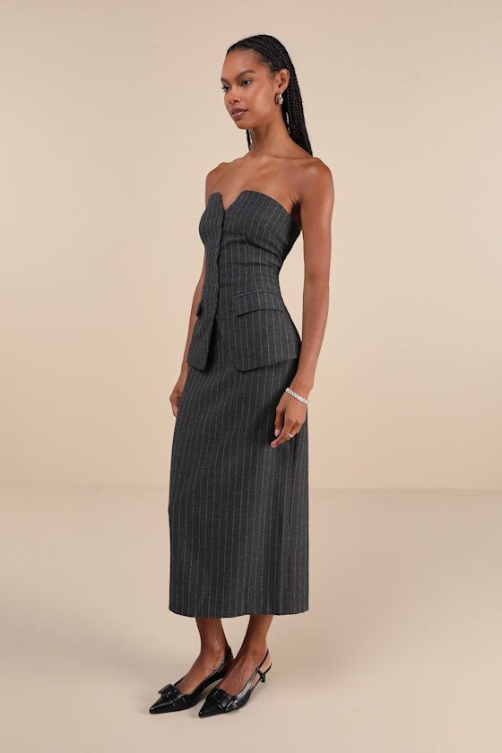 Composed Style Grey Pinstriped Strapless Vest Midi Dress 1