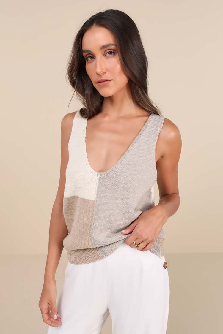 Modern Look Ivory and Grey Color Block Sweater Knit Tank Top