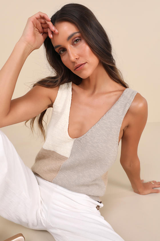 Ivory and Grey Color Block Tank - Knit Top - Cotton Knit