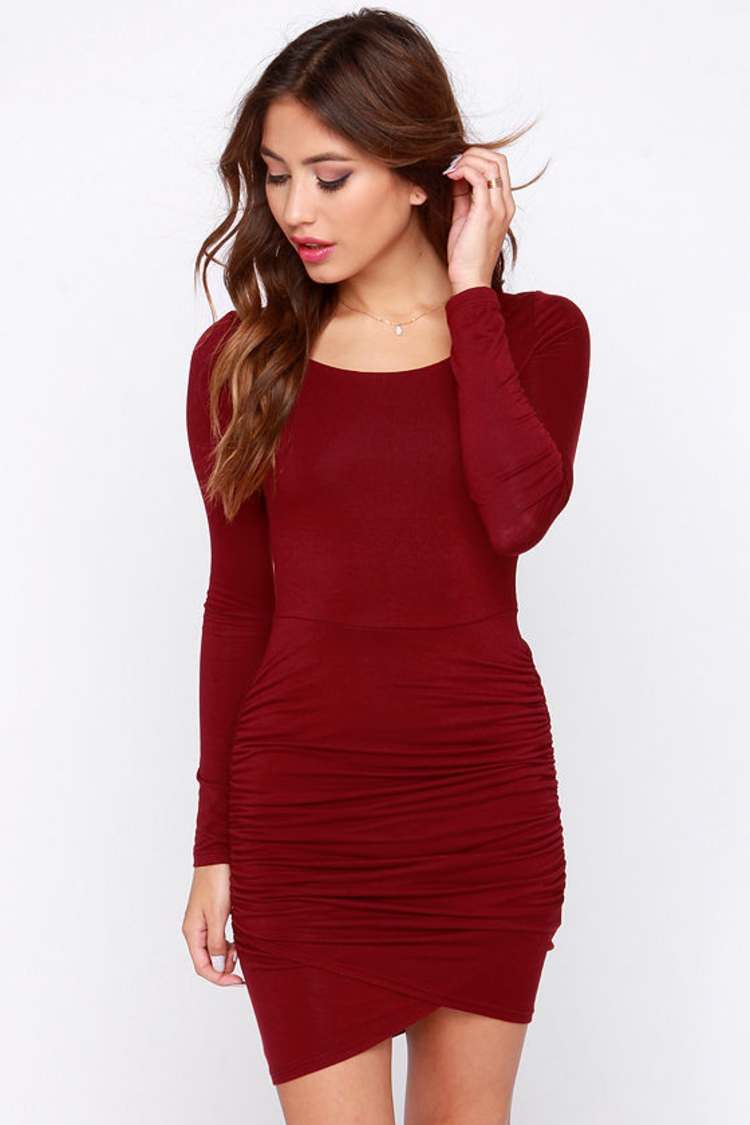 knee length dresses for ladies Red Wine Long Sleeve Dee Bandage Dress