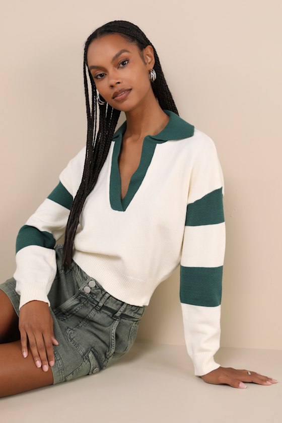 Posh Comfort Ivory and Green Collared Pullover Sweater