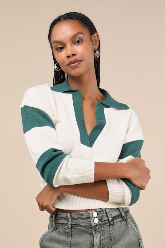 Posh Comfort Ivory and Green Collared Pullover Sweater 3