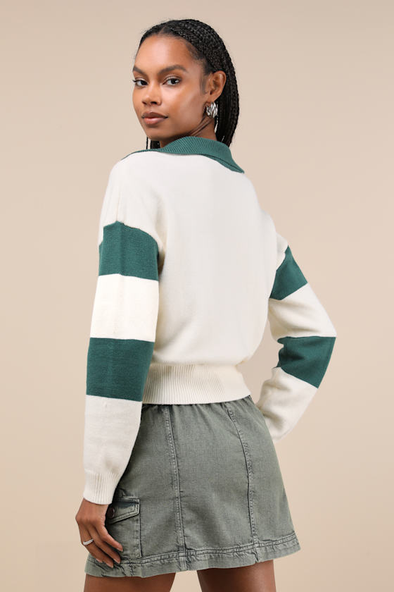 Lulus Posh Comfort Ivory And Green Collared Pullover Sweater In Ivory And Green