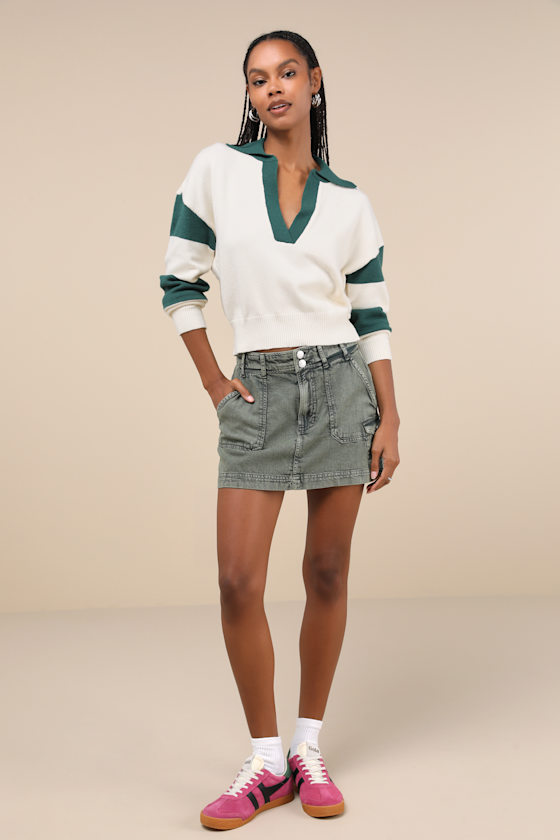 Lulus Posh Comfort Ivory And Green Collared Pullover Sweater In Ivory And Green