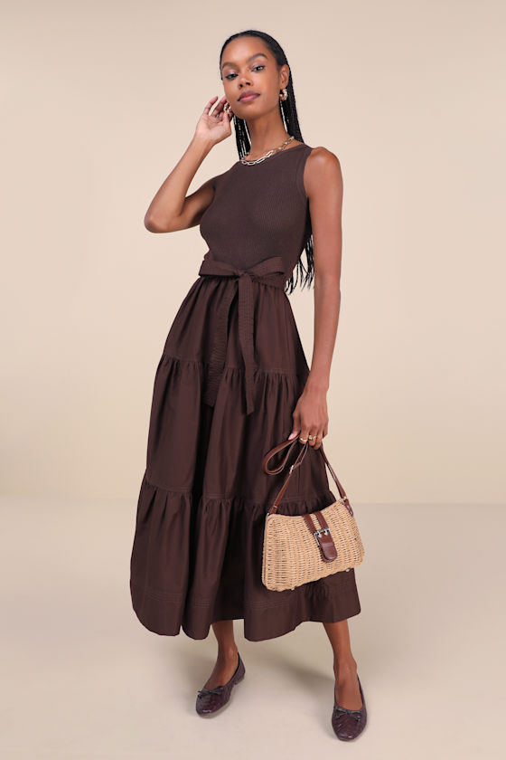 Moon River Brown Tiered Dress Sash Belt Dress Midi Dress Lulus