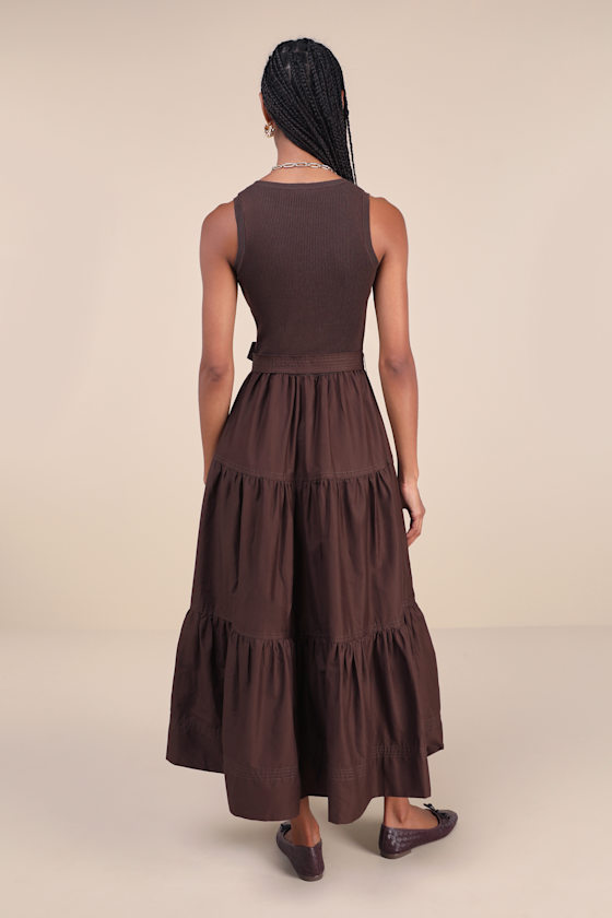 Complete Delight Brown Tiered Sleeveless Sash Belt Midi Dress 4