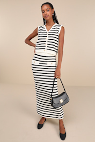 Exemplary Chicness Ivory Striped Sweater Knit Midi Skirt 1