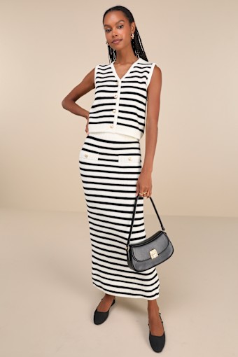 Exemplary Chicness Ivory Striped Sweater Knit Midi Skirt 1