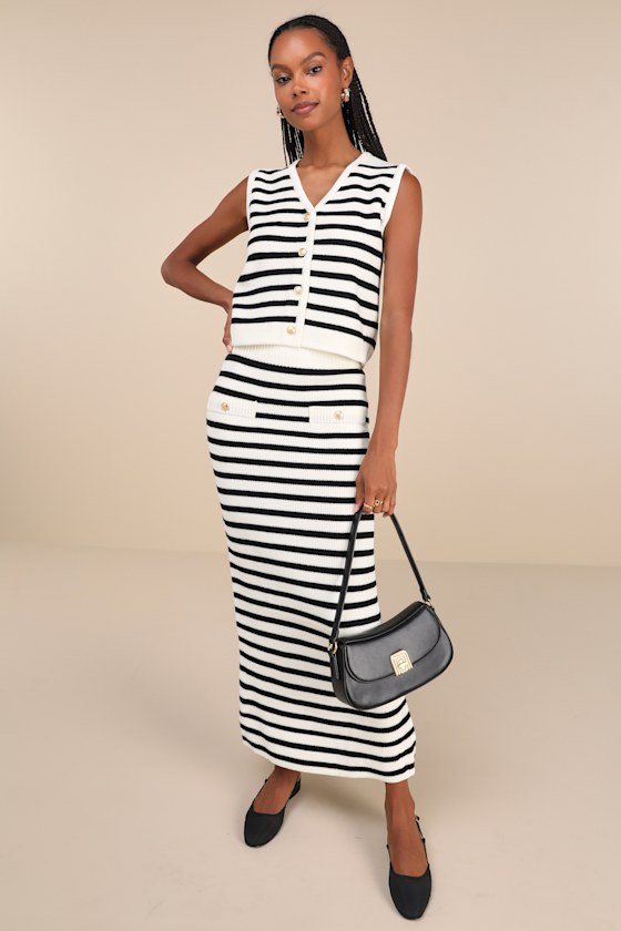 Exemplary Chicness Ivory Striped Sweater Knit Midi Skirt 1
